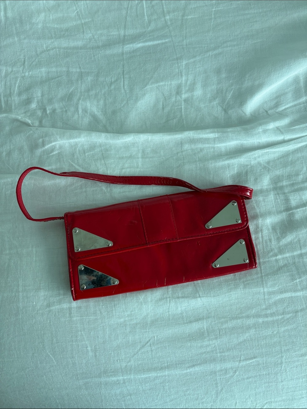Red Patent Leather Wristlet Clutch with Silver Accents
